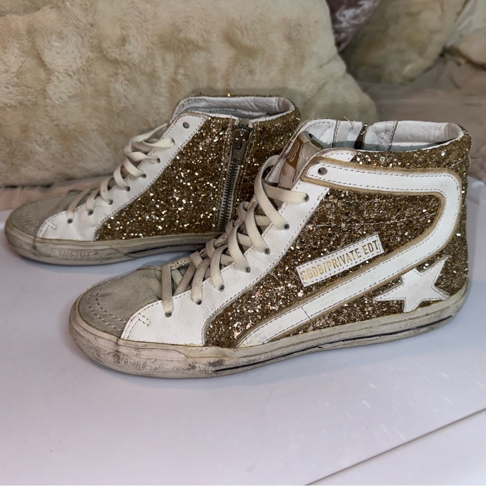 Golden Goose White and Gold Glitter Sneakers